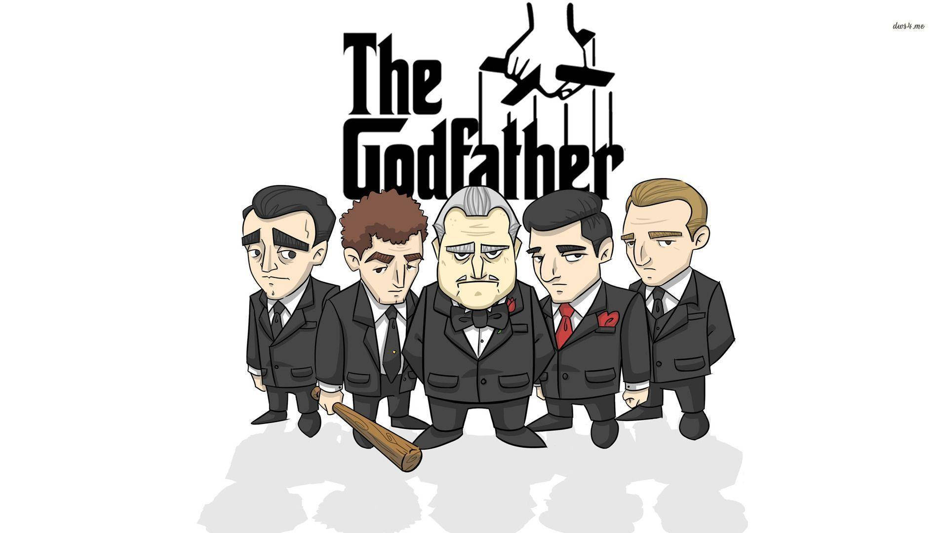 Godfather 桌布 壁紙 — 五個穿著西裝的男人站在《教父》標題下的Q版卡通，帶有蝙蝠和懸掛的手的標誌。