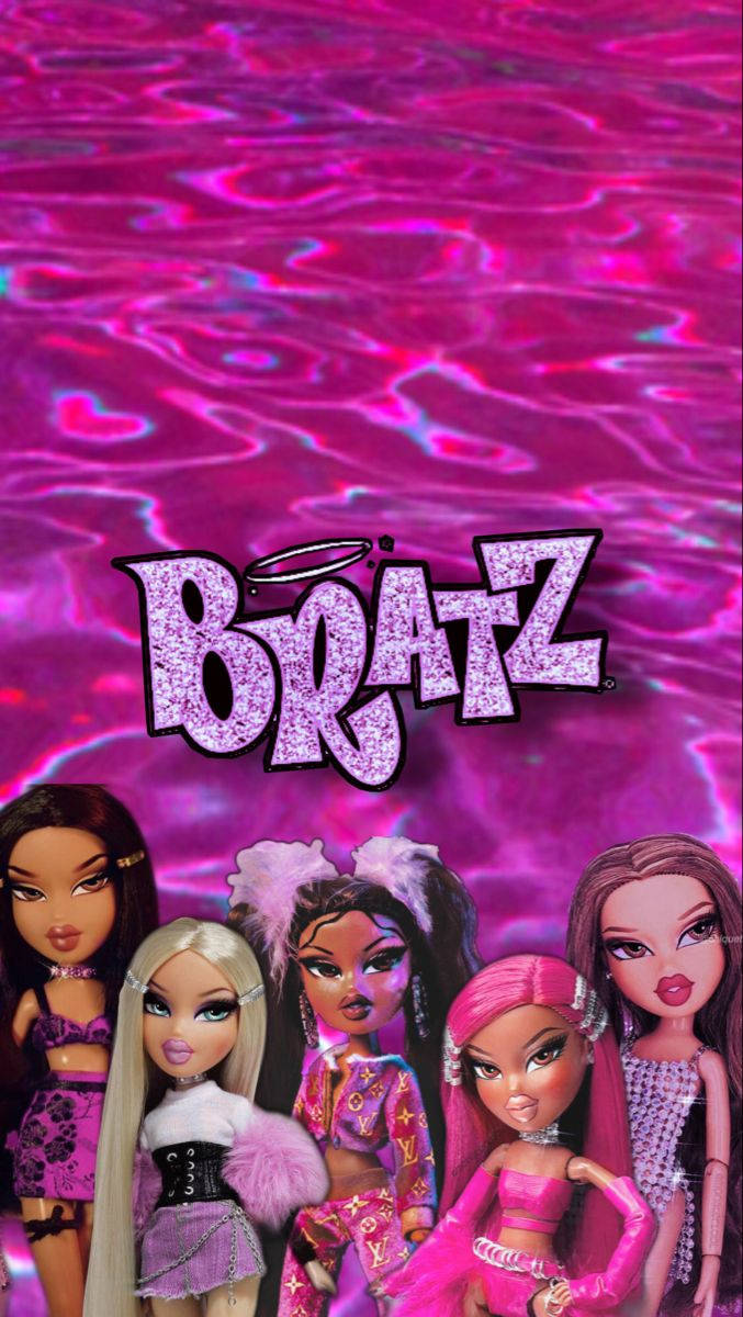 Bratz 桌布 壁紙 — 五個穿著閃粉粉紅服裝的 Bratz 公仔，在閃爍的霓虹粉紅水波紋背景前擺姿勢，並帶有 Bratz 標誌。