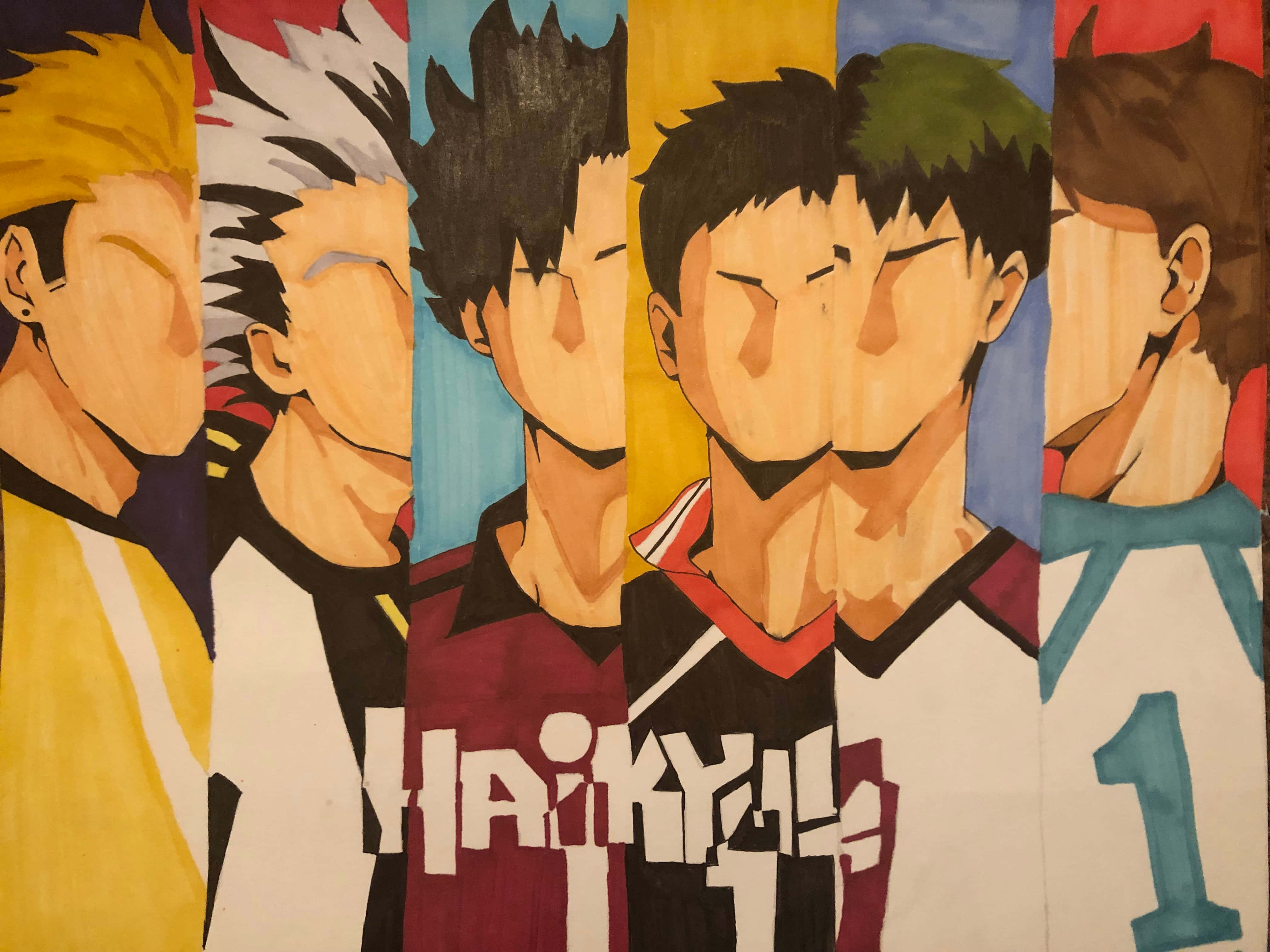 Haikyuu Captains 桌布 壁紙 — 五個穿著隊服的動漫排球運動員以側面輪廓展示在彩色垂直條紋前。