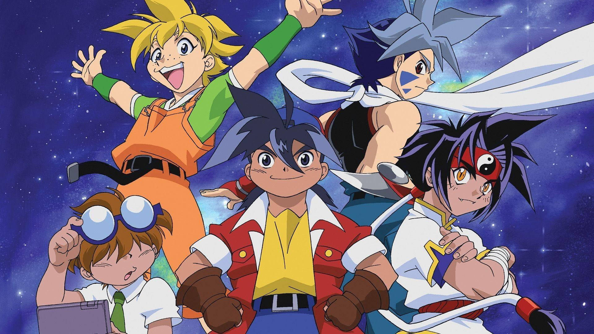 Beyblade 桌布 壁紙 — 五個穿著鮮豔服裝的動漫角色在星空宇宙背景下動態擺姿勢。