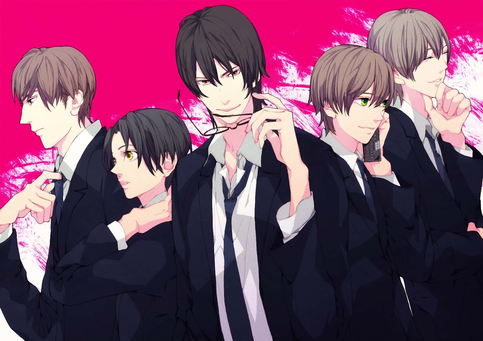 Bl Anime 桌布 壁紙 — 五個穿著黑色西裝的動漫男孩在充滿活力的粉紅色背景前自信地擺姿勢，帶有動態筆觸。