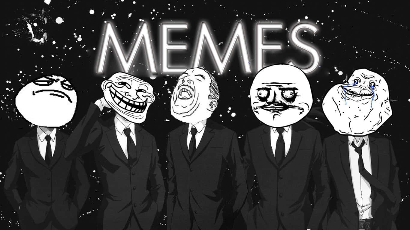 meme 桌布 壁紙 — 五個穿西裝的男人在星空背景下戴著標誌性的迷因臉孔，並有發光的MEMES文字。