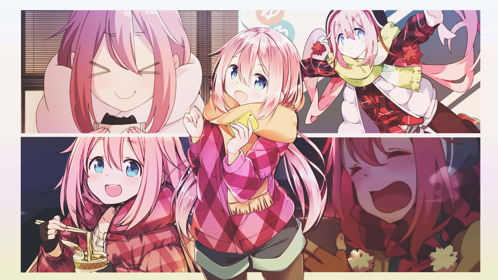 Laid Back Camp 桌布 壁紙 — 五個粉紅色頭髮的動漫女孩穿著舒適的冬季服裝，在溫暖的室內場景中笑著吃麵條。