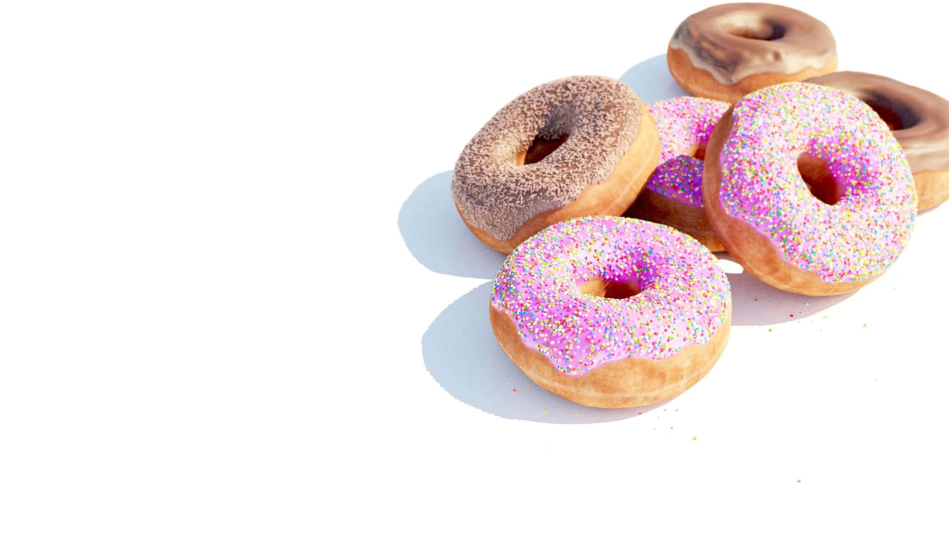 Dunkin Donuts 桌布 壁紙 — 五個糖霜撒糖甜甜圈在直射光下於亮白表面投下柔和陰影。