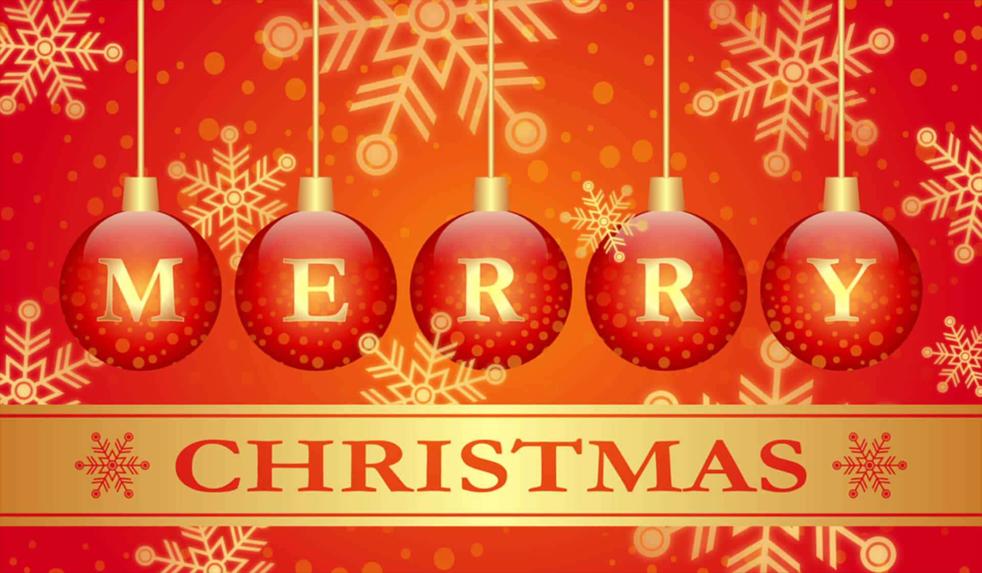 High Resolution Christmas 桌布 壁紙 — 五個紅色聖誕裝飾在帶有雪花的節日紅金背景上拼出「MERRY」。