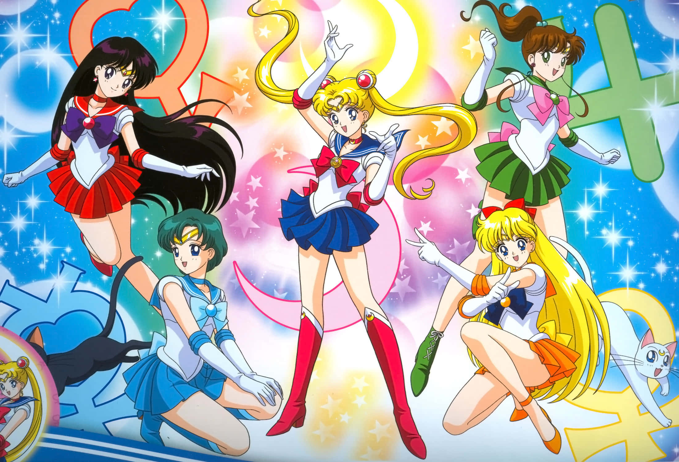 Sailor Venus 桌布 壁紙 — 五個美少女戰士角色穿著色彩繽紛的水手服，在閃爍的宇宙背景中動態擺姿勢，背景有星星和發光符號。