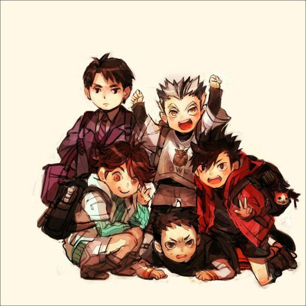 Haikyuu Captains 桌布 壁紙 — 五個背著背包的Q版動畫男孩在純米色背景前充滿活力地擺姿勢。