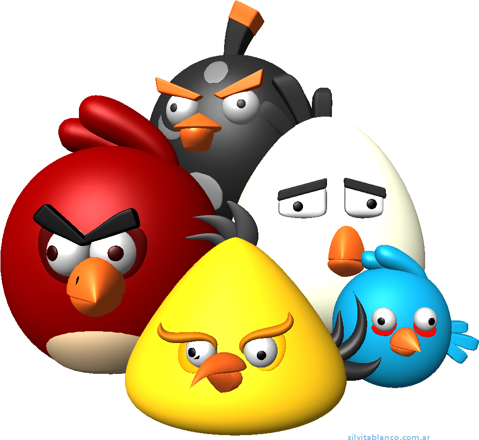 黃色小鳥 桌布 壁紙 — 五個色彩繽紛的 Angry Birds 角色帶著憤怒的表情站在黑色背景前。