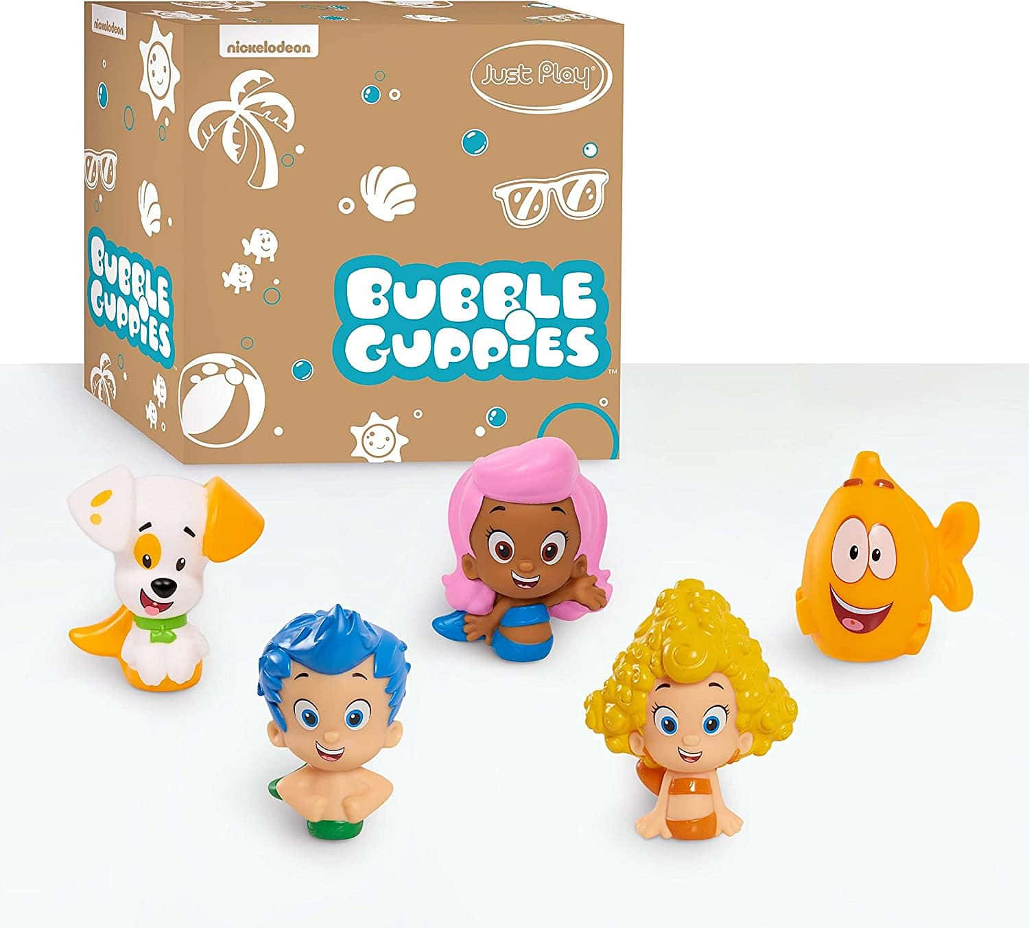 Bubble Guppies 桌布 壁紙 — 五個色彩繽紛的 Bubble Guppies 玩具公仔在它們的品牌紙箱前，對著潔白的背景愉快地微笑。