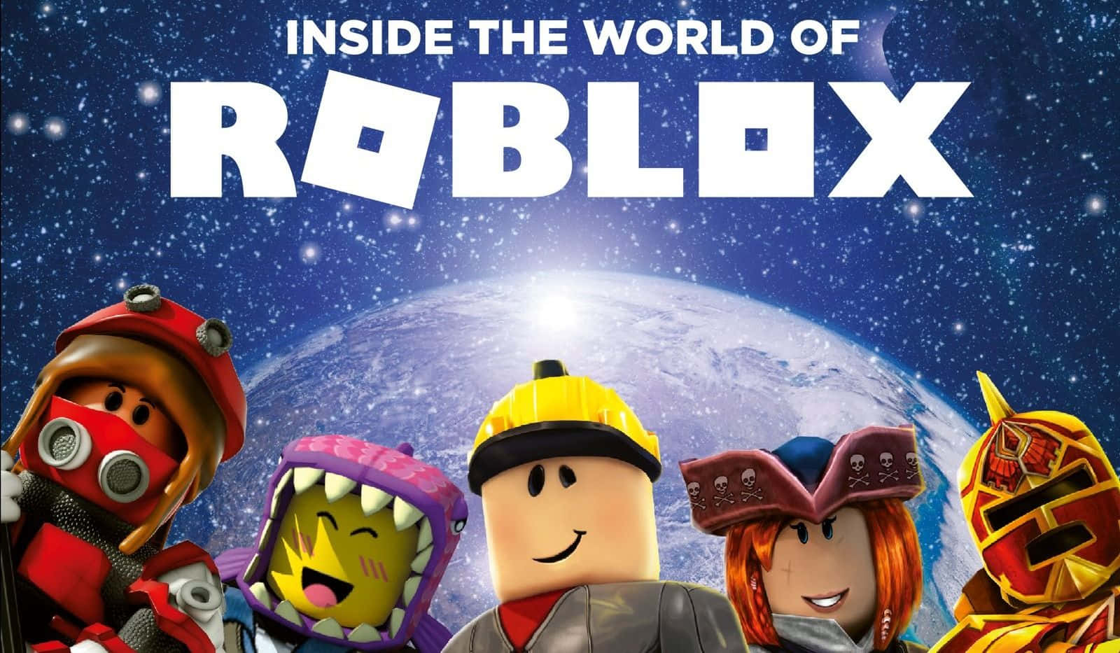 Roblox Avatar 桌布 壁紙 — 五個色彩繽紛的 Roblox 頭像站在星空太空背景前，地球在他們身後可見。