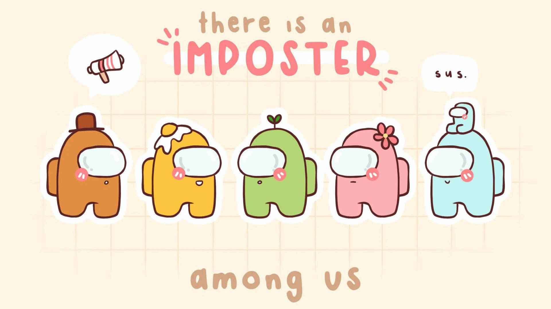 五個Among Us角色帶有「imposter」和「sus」文字，表示一個猜疑遊戲。 — Among US 壁紙