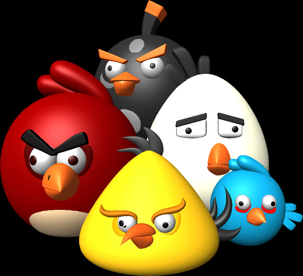Angry Bird 桌布 壁紙 — 五個色彩繽紛的Angry Birds角色帶著憤怒的表情站在黑色背景前。