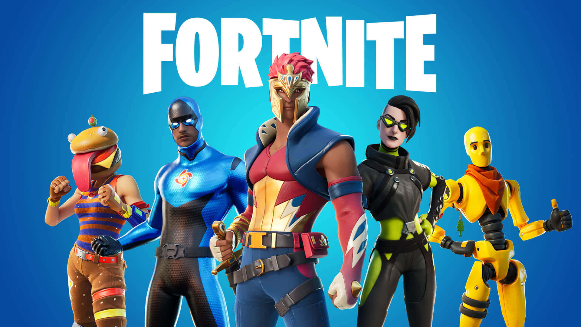 Fortnite 桌布 壁紙 — 五個色彩繽紛的Fortnite角色穿著大膽服裝，在純藍色背景上自信地擺姿勢，遊戲標誌在上方。