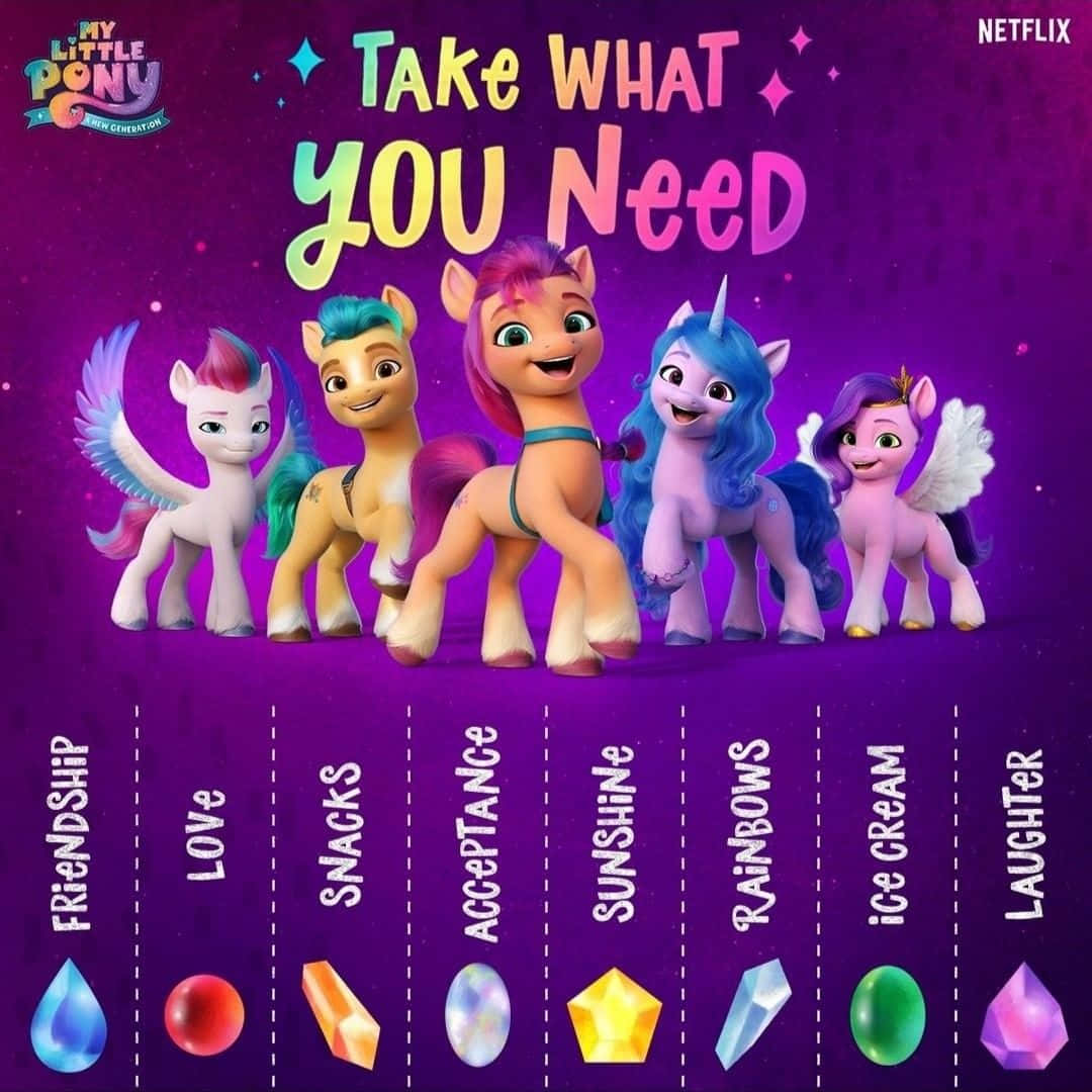 五個My Little Pony角色，寶石上標有友誼、愛、零食、接納、陽光、彩虹、冰淇淋和笑聲。 — 彩虹小馬 GIF 壁紙