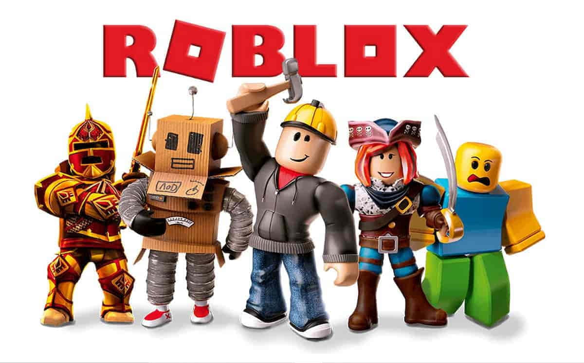 Roblox Character 桌布 壁紙 — 五個色彩繽紛的Roblox虛擬角色穿著不同服裝，自豪地站在醒目的紅色Roblox標誌下方。