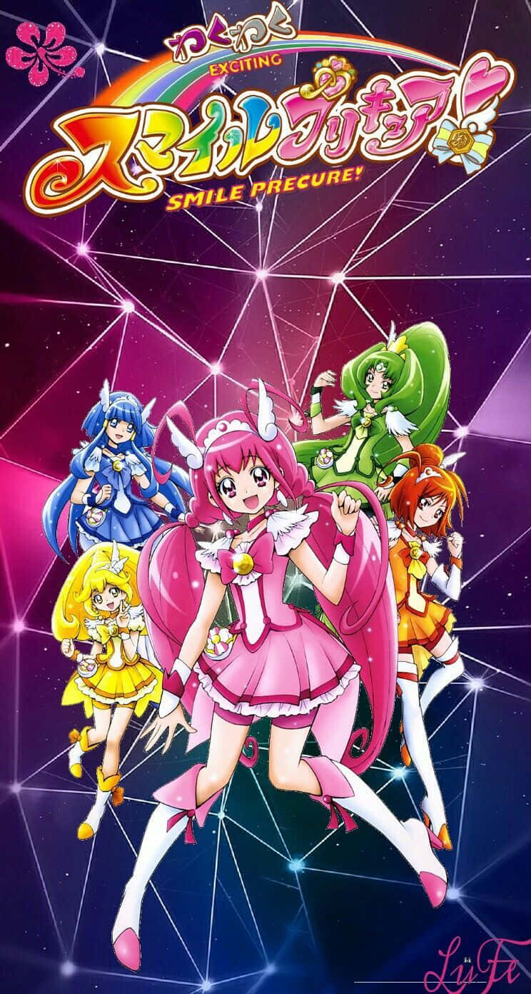 Glitter Force 桌布 壁紙 — 五個色彩繽紛的動漫女孩穿著魔法服裝，在閃閃發光的宇宙網格背景前動態擺姿勢。