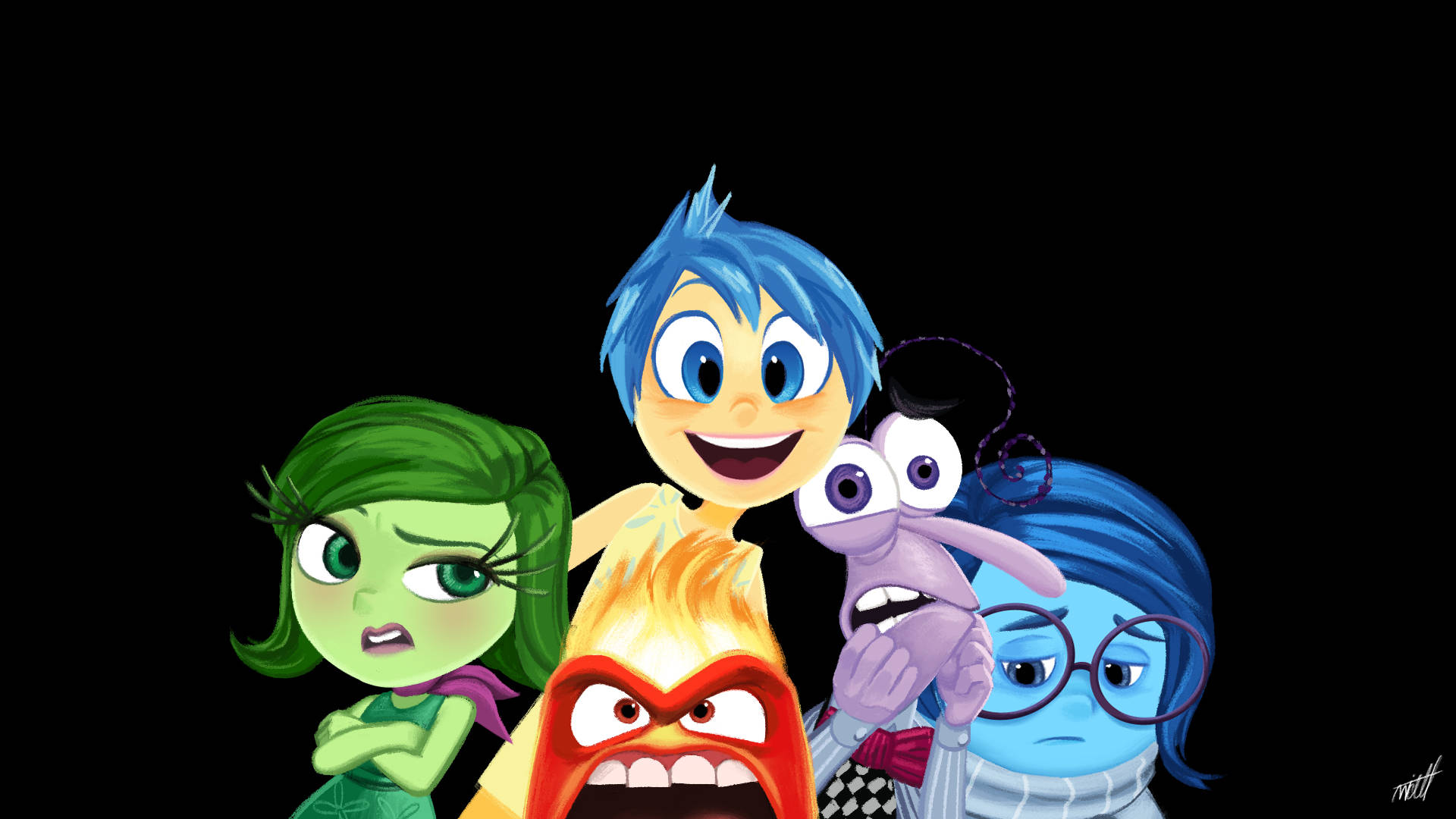 Fear Inside Out 桌布 壁紙 — 五個色彩繽紛的動畫情緒角色，表情各異，一起站在黑色背景前。