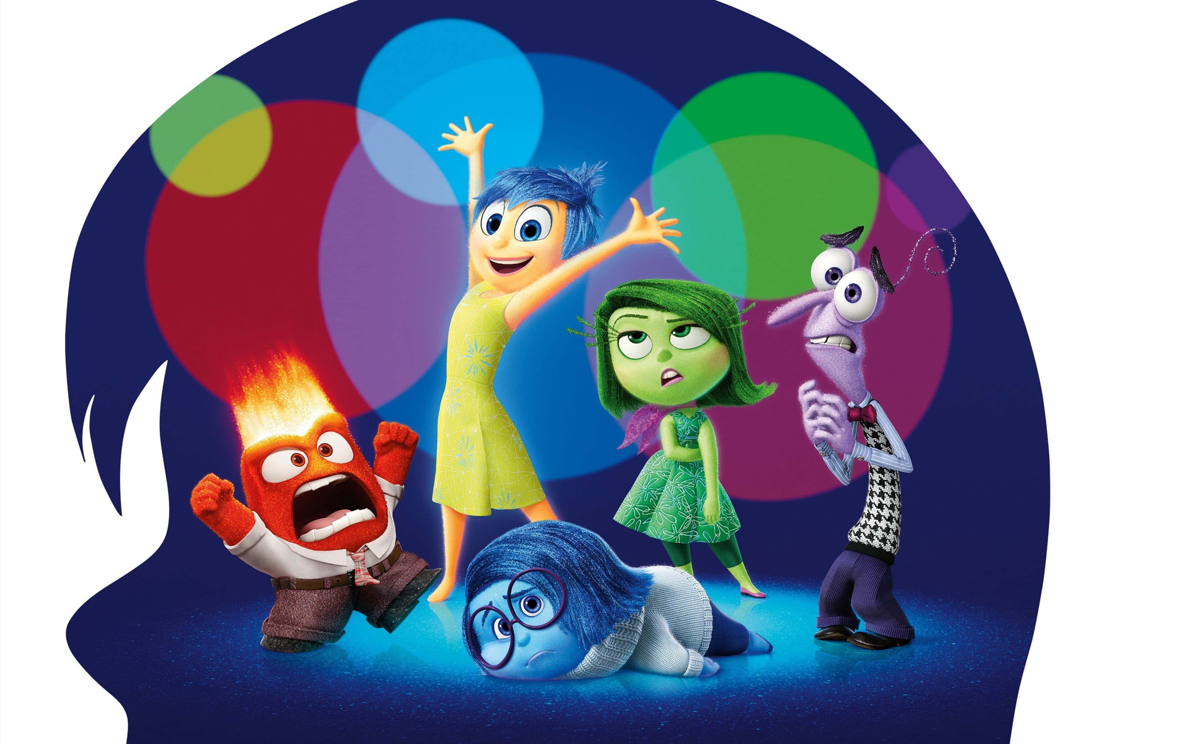Inside Out 桌布 壁紙 — 五個色彩繽紛的動畫情緒角色在風格化的人類頭部剪影內愉快互動。