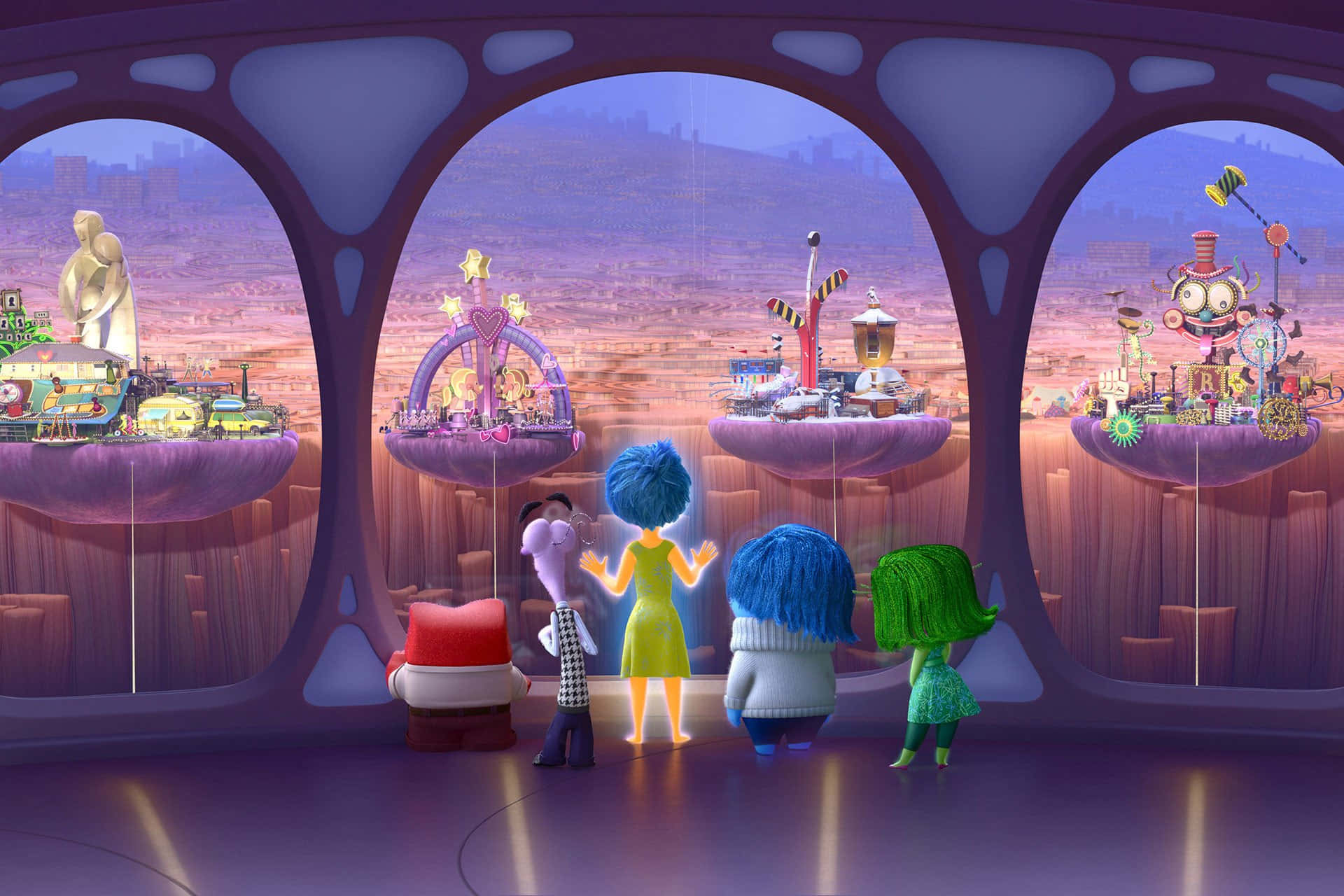 Inside Out 桌布 壁紙 — 五個色彩繽紛的動畫情緒角色從未來控制室凝視著展示不同情感景觀的浮島。