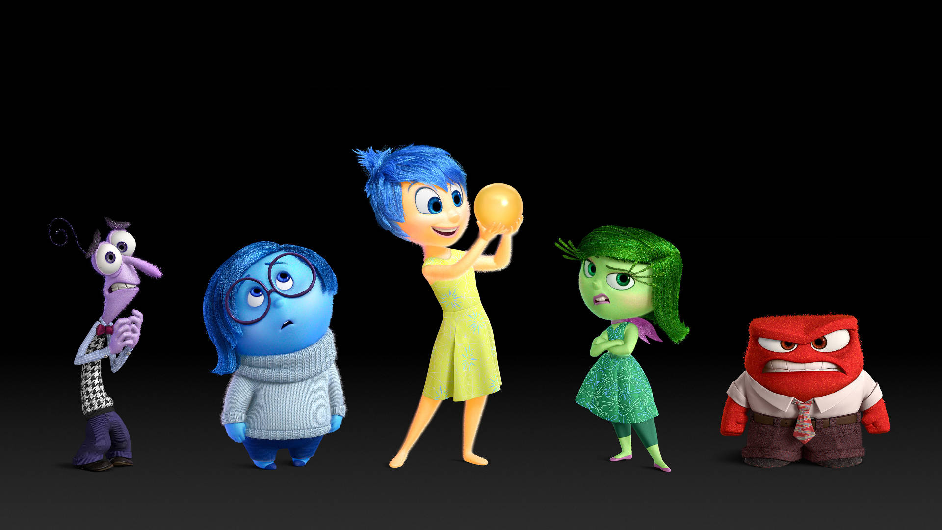 Fear Inside Out 桌布 壁紙 — 五個色彩繽紛的動畫情緒角色站在黑色背景前，各自表達不同的心情。