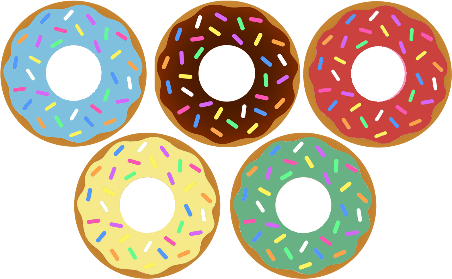 doughnut 桌布 壁紙 — 五個色彩繽紛的卡通甜甜圈，上面有糖粒，在黑色背景上排列成圓形。