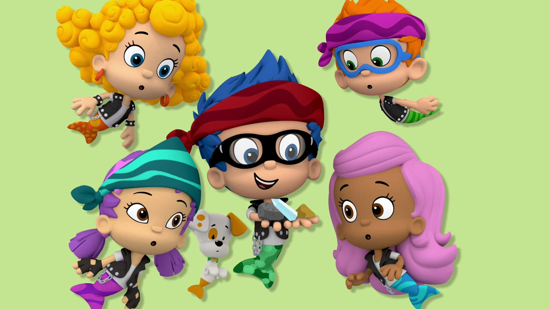 Bubble Guppies 桌布 壁紙 — 五個色彩繽紛的卡通美人魚小孩，擁有鮮豔的頭髮和護目鏡，在純淺綠色背景上愉快地漂浮。