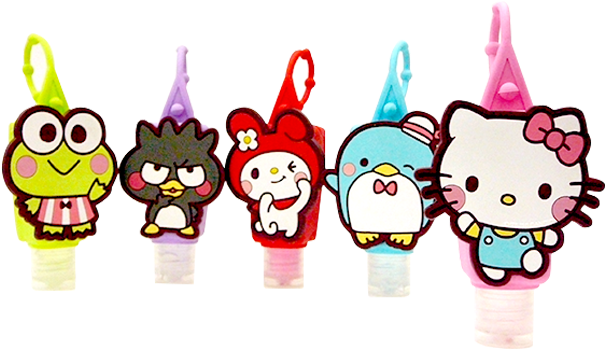 Hello Kitty 桌布 壁紙 — 五個色彩繽紛的卡通角色暖手器排成一排，背景為黑色。