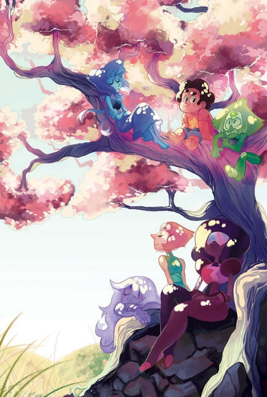 Steven Universe iPad 桌布 壁紙 — 五個色彩繽紛的寶石角色在柔和粉彩天空下，於盛開的粉紅樹下放鬆。