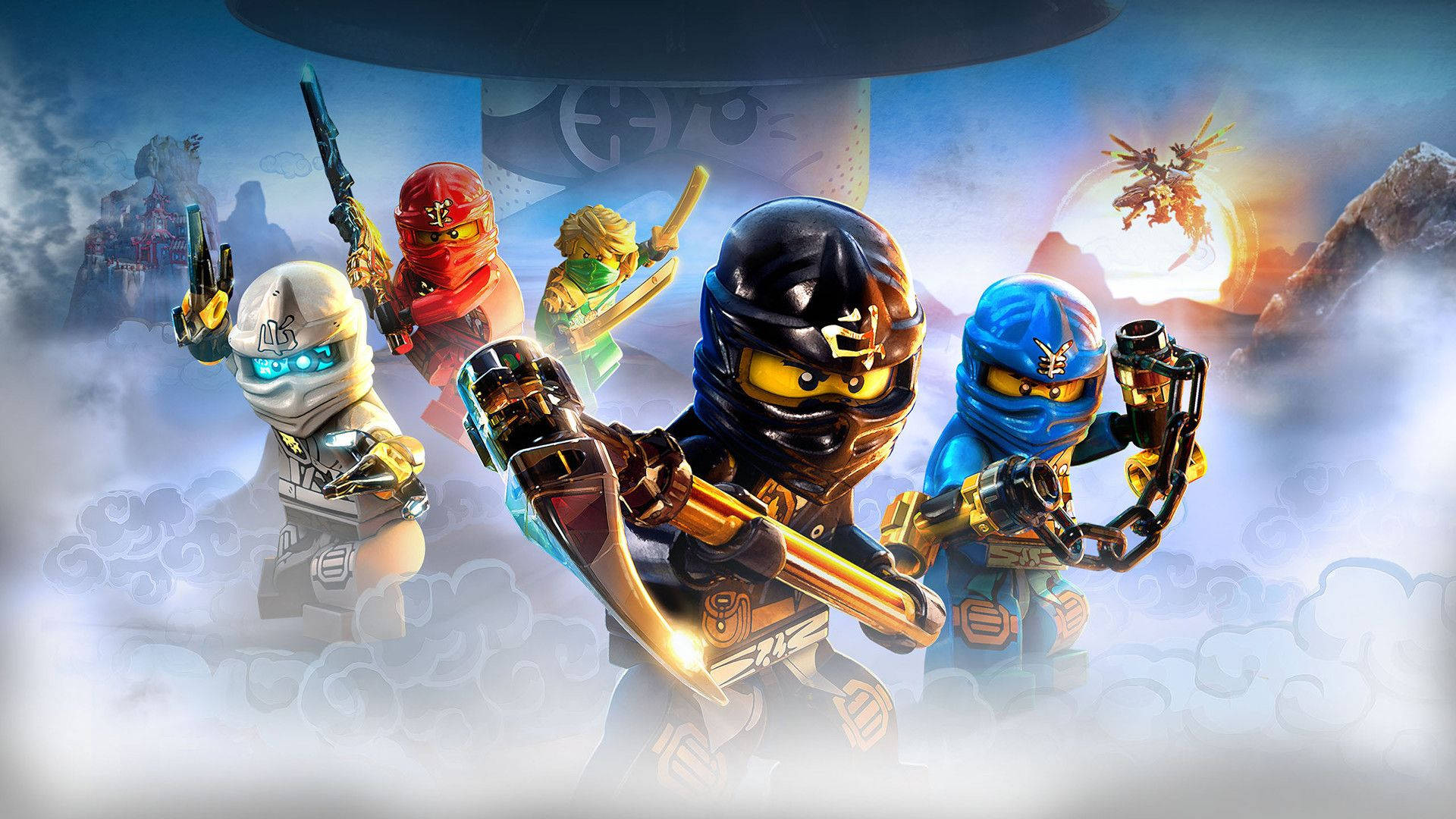 Ninjago 桌布 壁紙 — 五個色彩繽紛的忍者裝備的LEGO Ninjago角色，在旋轉的雲層中英勇站立，背景有龍和城堡。