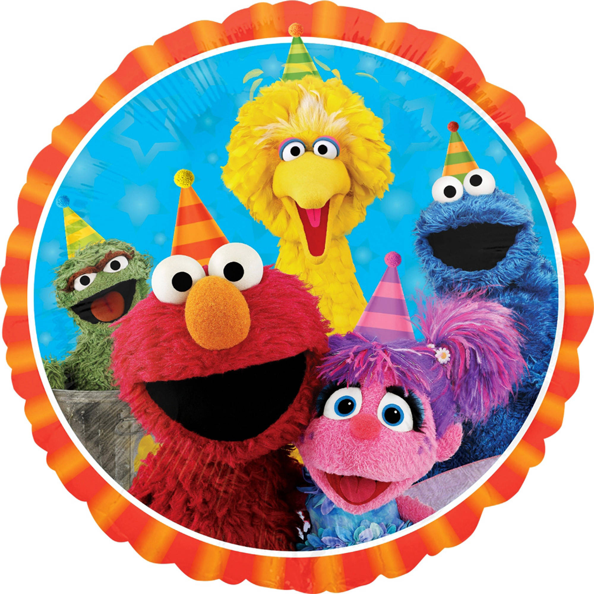 Elmo 桌布 壁紙 — 五個色彩繽紛的芝麻街木偶戴著派對帽，在明亮的藍天和橙色扇貝邊框前快樂地微笑。