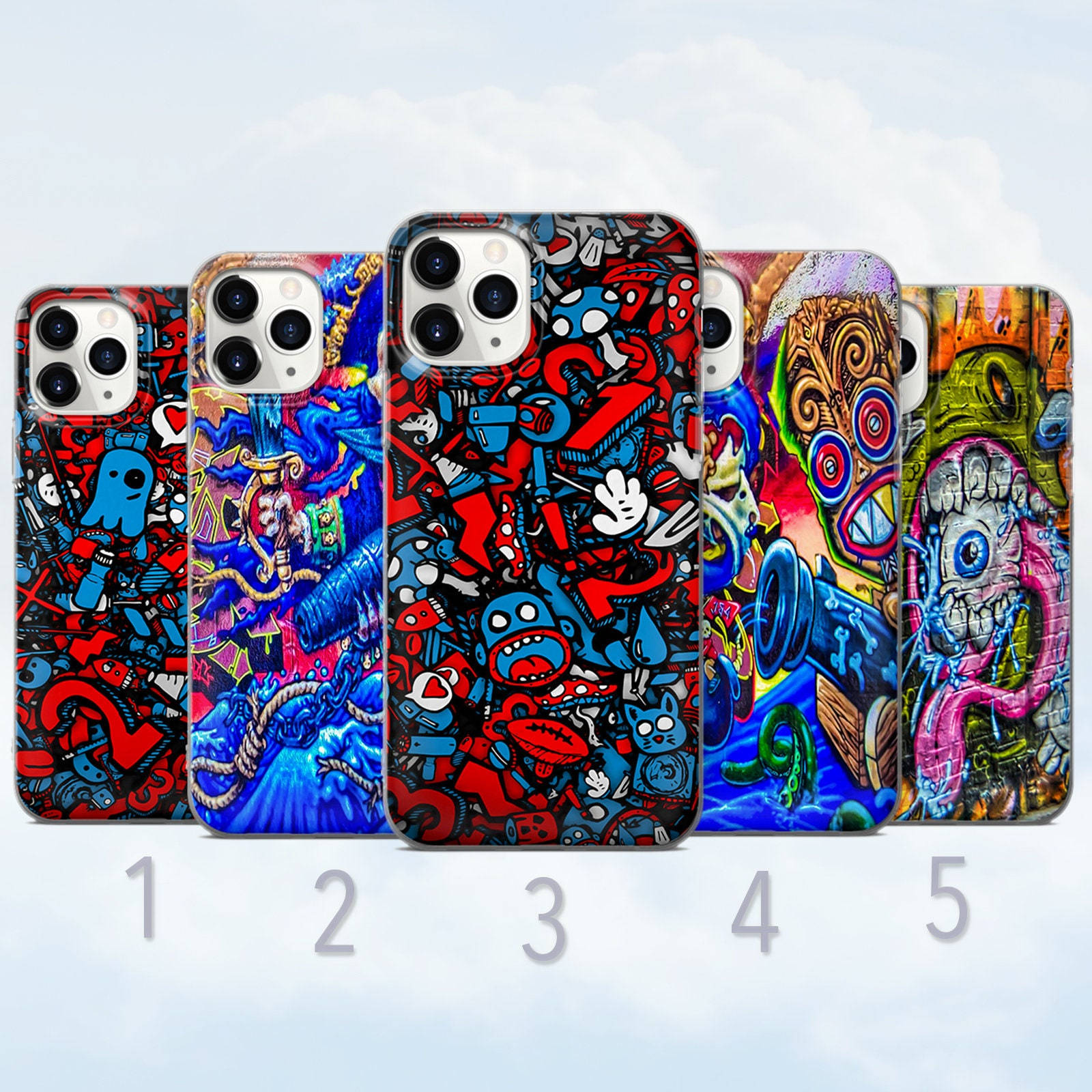 Trippy Phone 桌布 壁紙 — 五個色彩鮮豔的手機殼，上面有混亂的卡通人物和塗鴉藝術，展示在柔和天空背景下。
