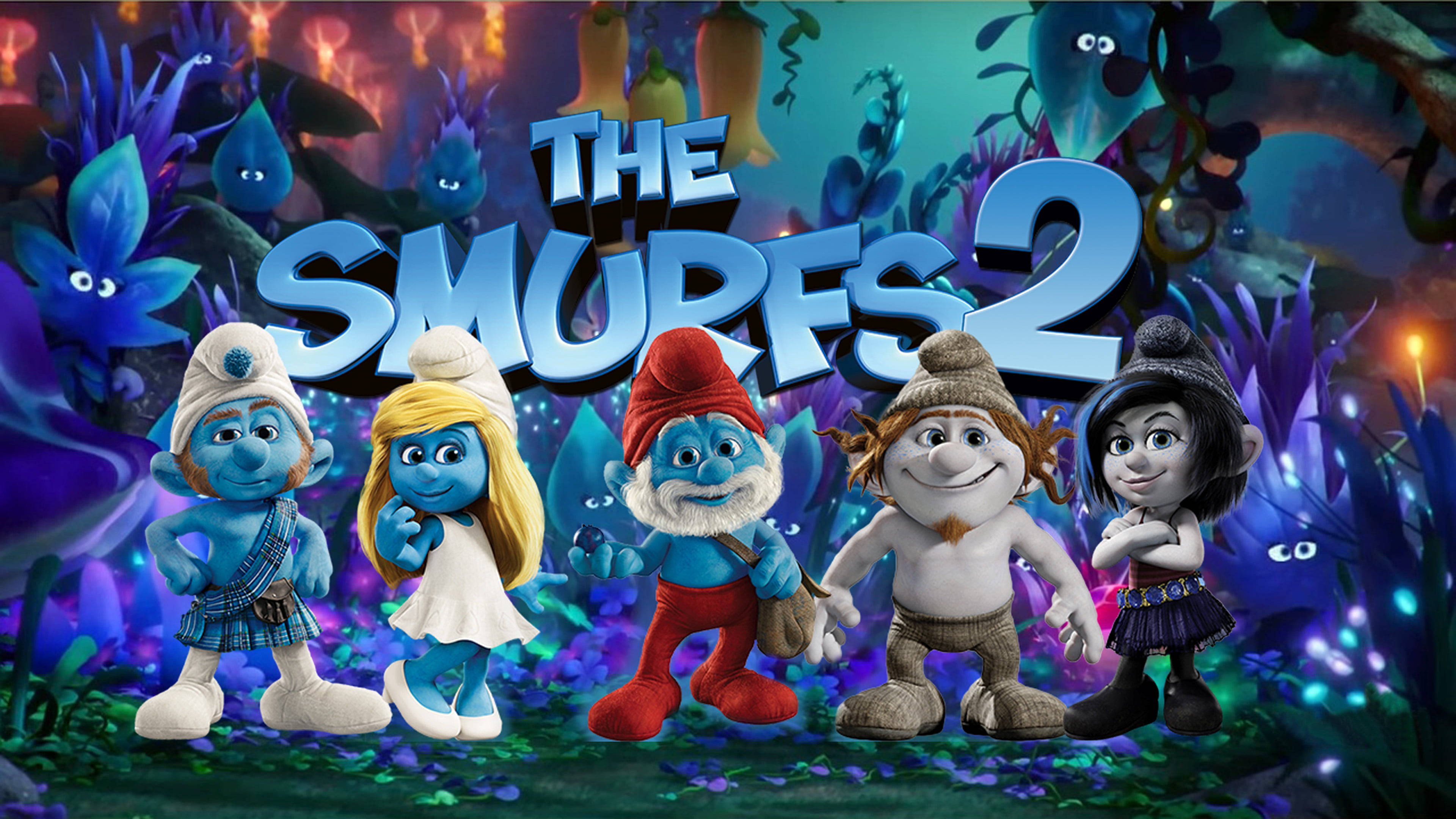 Smurfs 桌布 壁紙 — 五個藍色小精靈角色站在一個發光的魔法森林中，有紫色植物和漂浮的眼睛，天空如火。