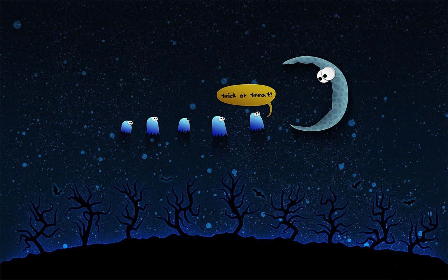 Funny Halloween 桌布 壁紙 — 五個藍色鬼魂在微笑的彎月下漂浮，在星光燦爛的夜晚和光禿禿的樹木中問不給糖就搗蛋。