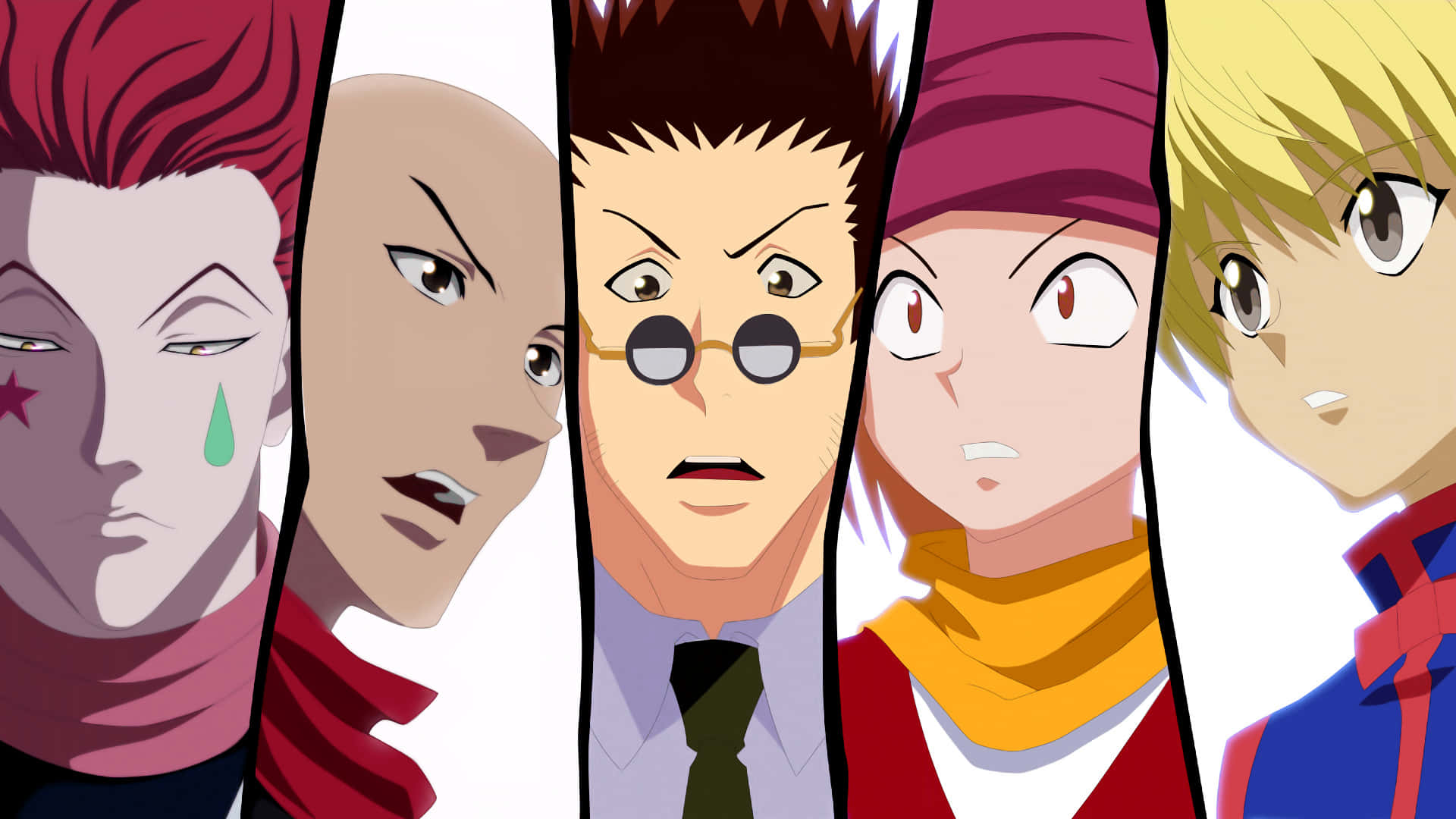 Leorio Paradinight 桌布 壁紙 — 五個表情各異、頭髮色彩繽紛的動漫角色在白色背景上垂直排列。