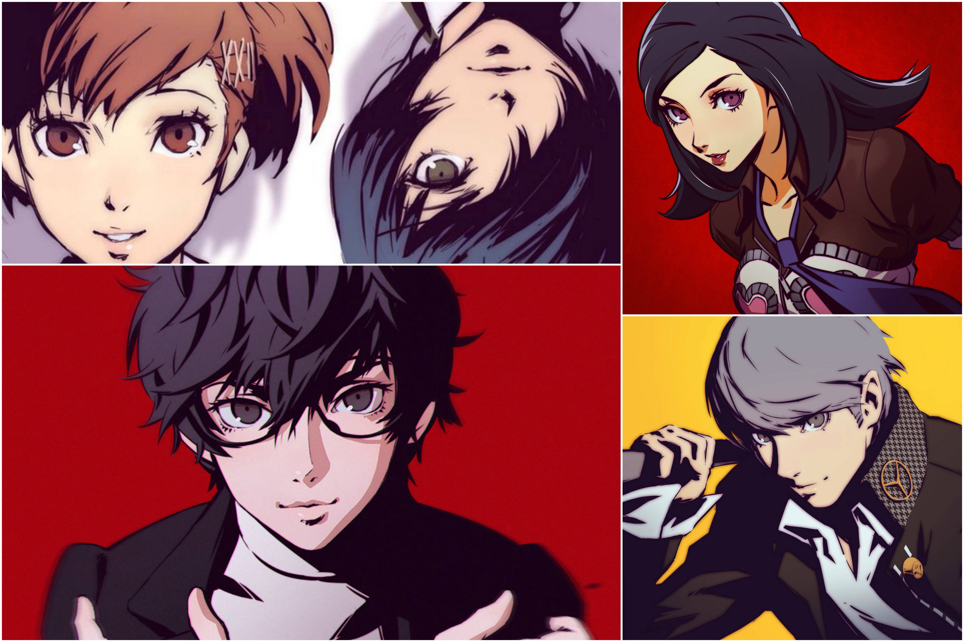 persona 5 4K 桌布 壁紙 — 五個表情強烈的動漫角色，背景為大膽的紅黃色拼貼畫。