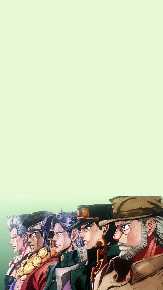 Jojo 桌布 壁紙 — 五個表情強烈的動漫角色排成一排，背景為淡綠色。