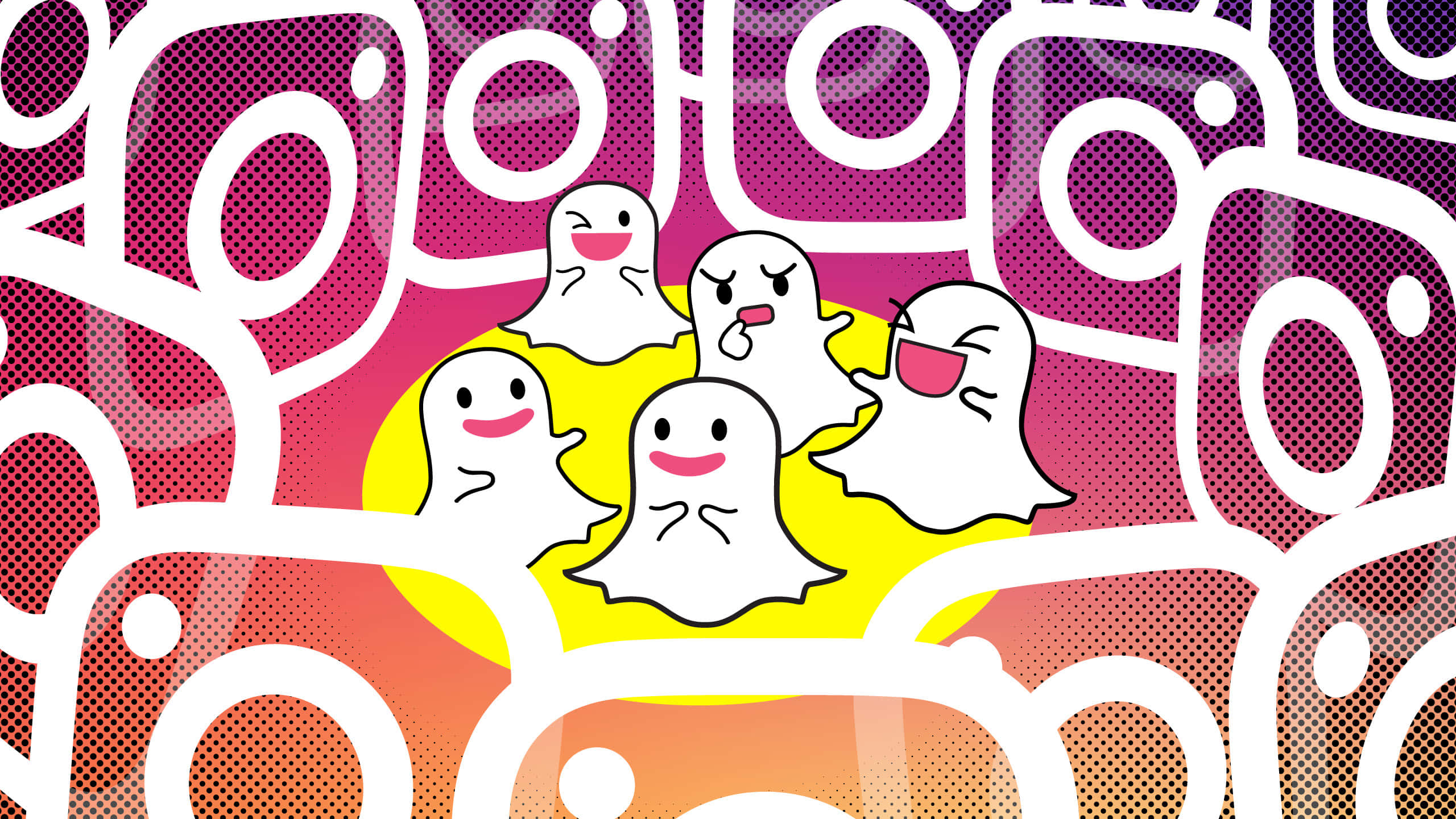 Snapchat 桌布 壁紙 — 五個表情豐富的卡通鬼魂在鮮豔的漸變背景上快樂地漂浮，帶有粗體白色輪廓和半色調點。