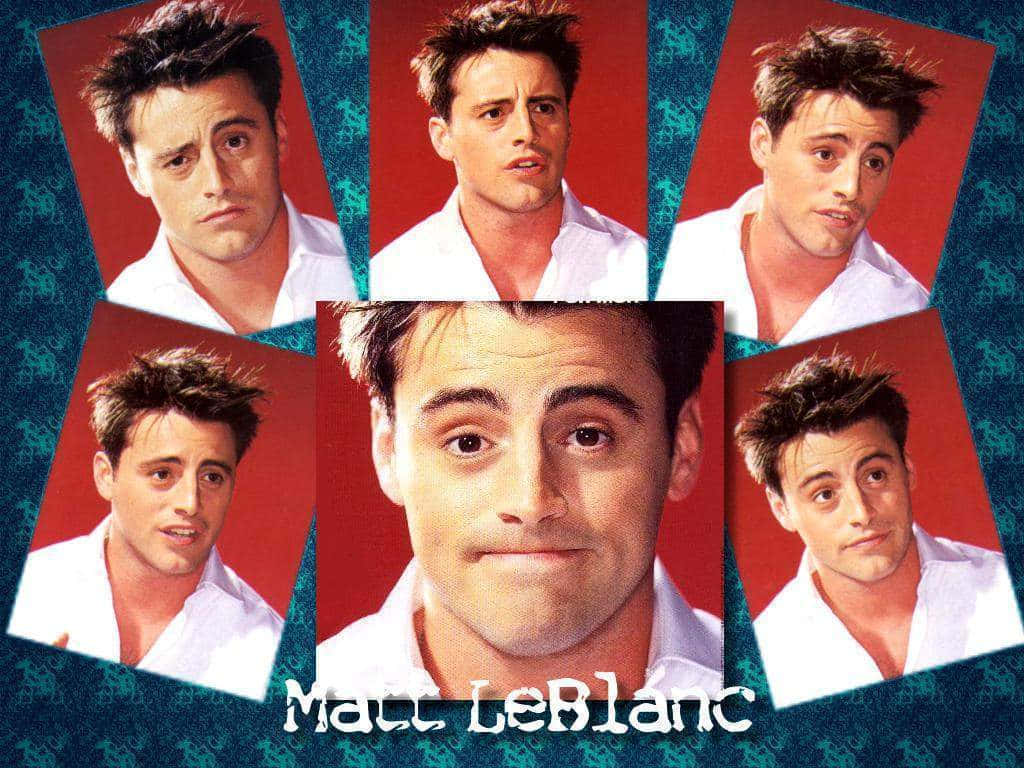 Matt Leblanc 桌布 壁紙 — 五個角度的Matt LeBlanc肖像，穿著白色襯衫，背景為紅色，並以青綠色圖案邊框框住。