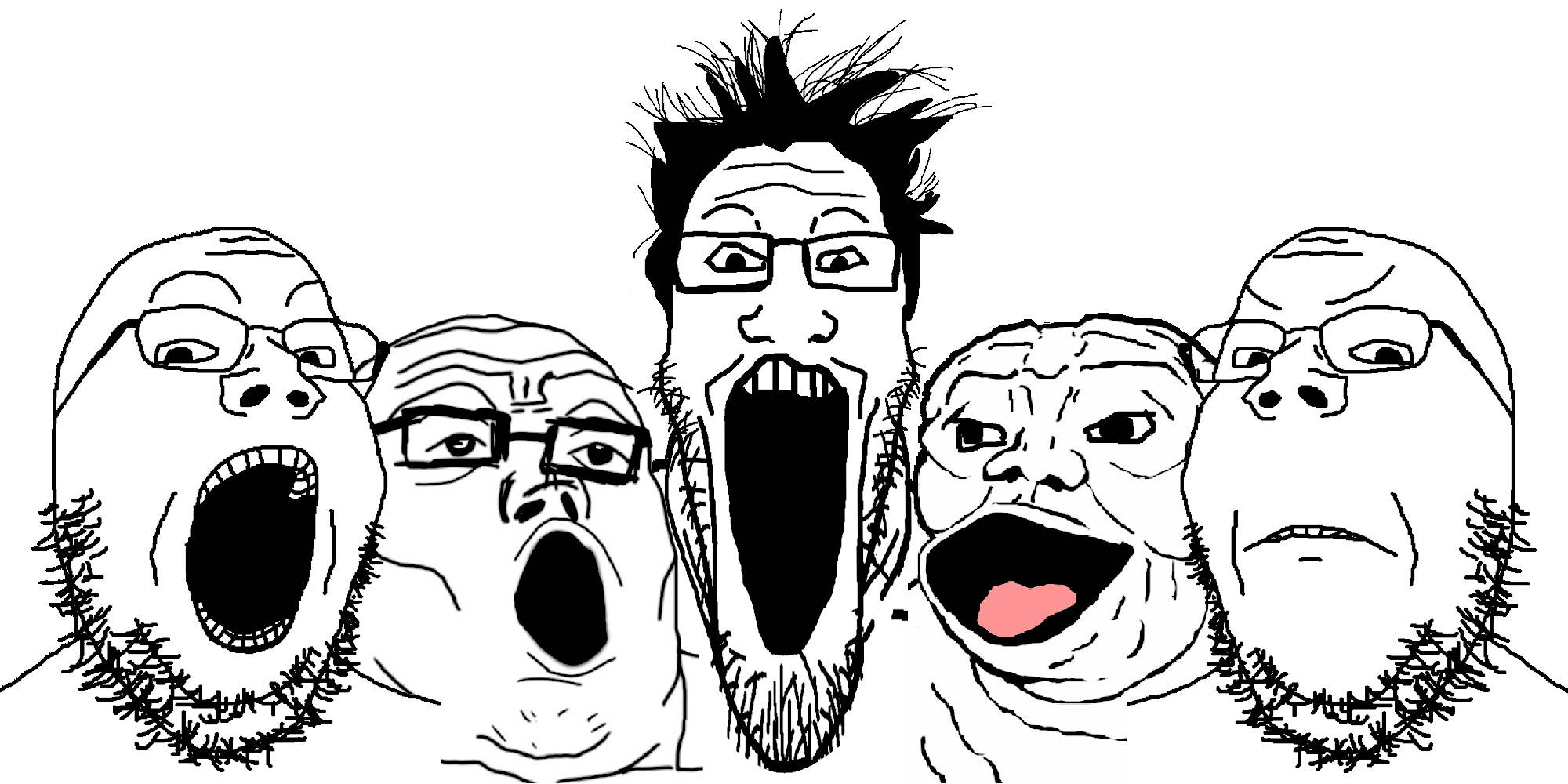 faces 桌布 壁紙 — 五個誇張的卡通面孔，嘴巴大張，在混亂的黑白線條藝術中尖叫。
