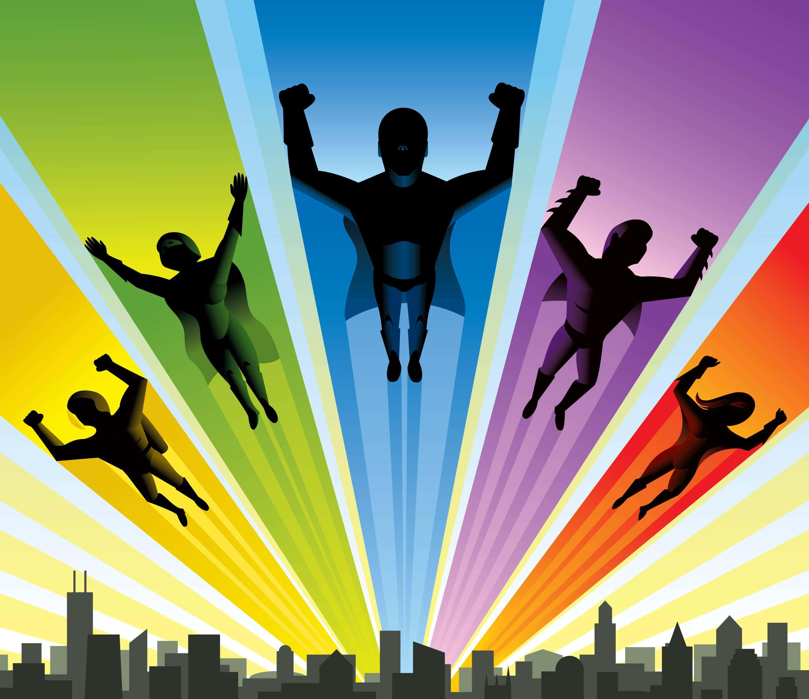 heroes 桌布 壁紙 — 五個超級英雄剪影在充滿活力的彩虹漸層天空下，向城市天際線上方翱翔。