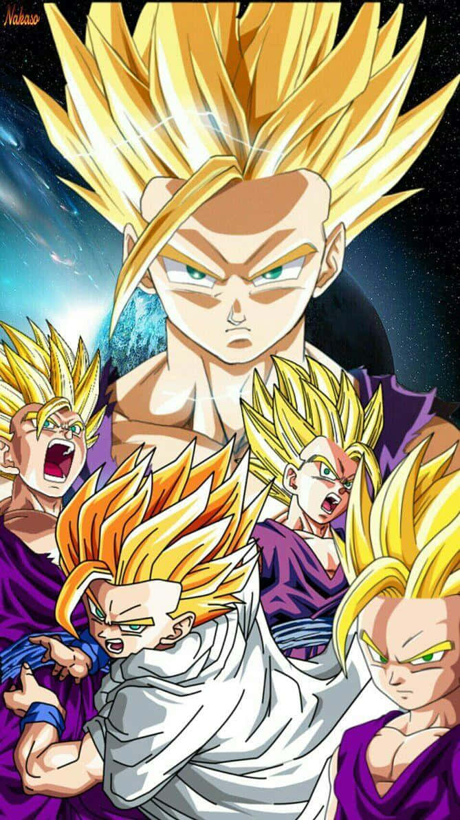 Mystic Gohan 桌布 壁紙 — 五個超級賽亞人角色，擁有尖刺的金色頭髮和強烈的表情，站在宇宙星空背景前。