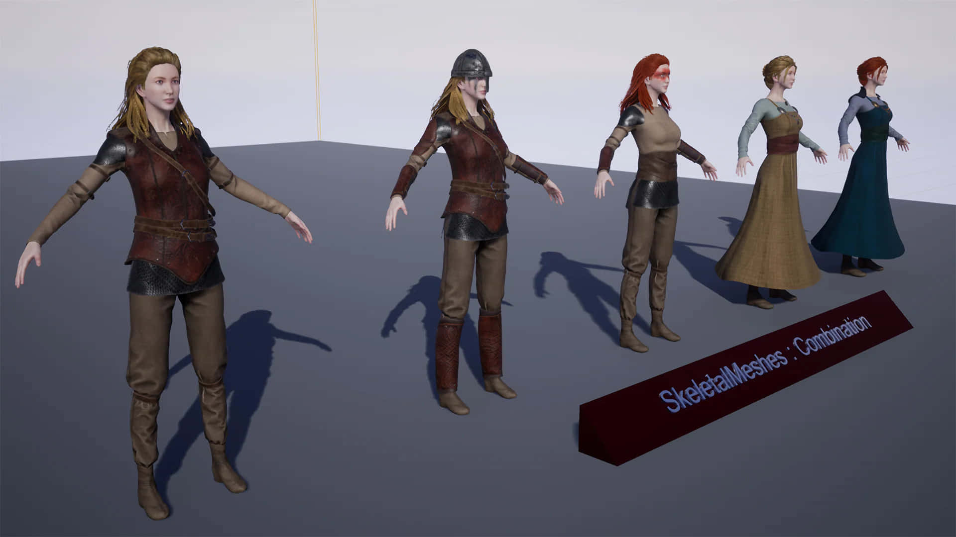 Female Viking Warriors 桌布 壁紙 — 五個身穿中世紀盔甲和連衣裙的女性3D渲染角色站在工作室中，灰色地板上帶有陰影。