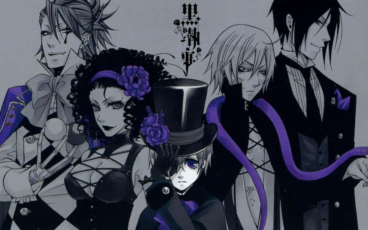 Black Butler 桌布 壁紙 — 五個身穿哥德式服裝、帶有紫色點綴的動漫角色在灰色背景前擺姿勢。