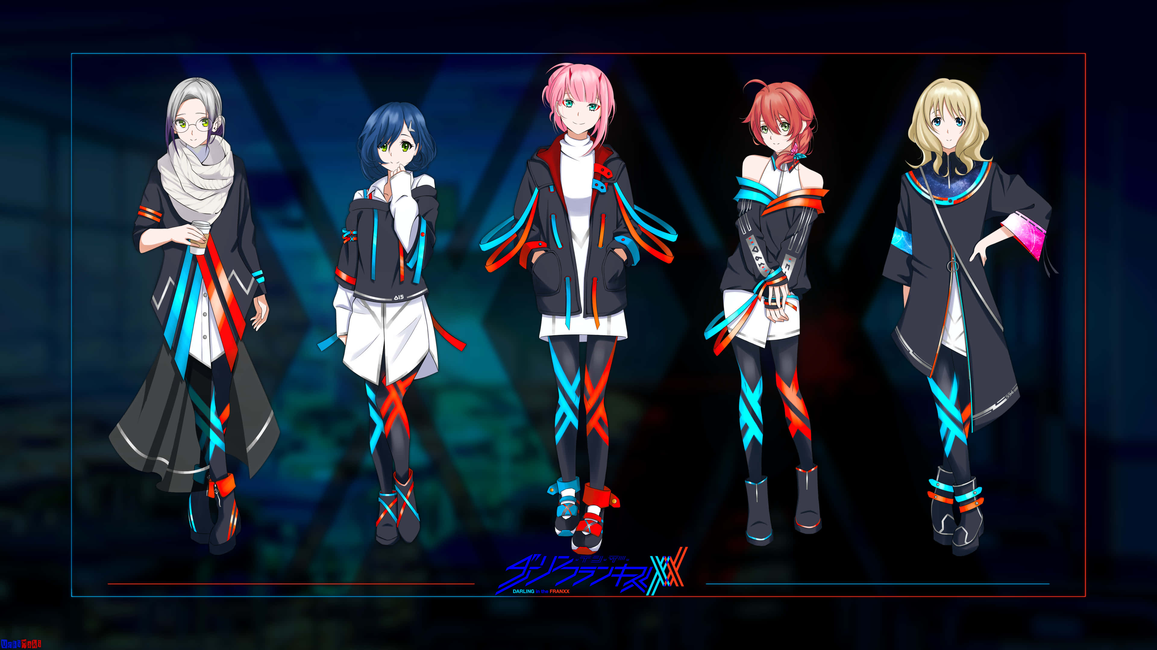 DARLING in the FRANXX 桌布 壁紙 — 五個身穿未來風格服裝的動漫角色站在帶有霓虹色調的黑暗發光背景前。