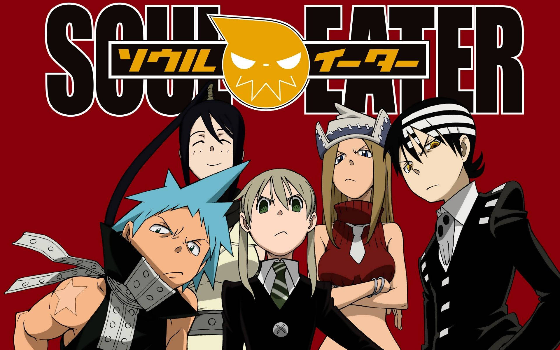 Soul Eater 桌布 壁紙 — 五個身穿校服的動漫角色站在大膽的紅色背景前，上方有Soul Eater標誌。