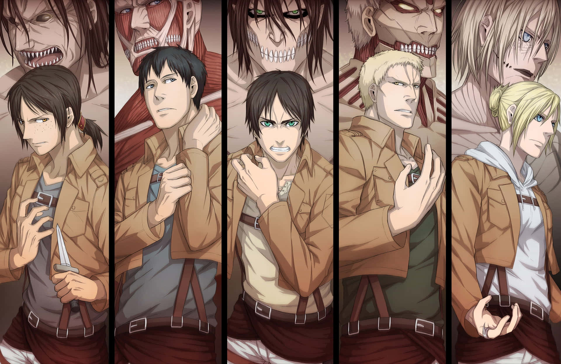 Attack On Titan Poster 桌布 壁紙 — 五個身穿棕色制服的動畫角色站在他們恐怖的巨人形態前面，形成一個戲劇性的垂直面板佈局。