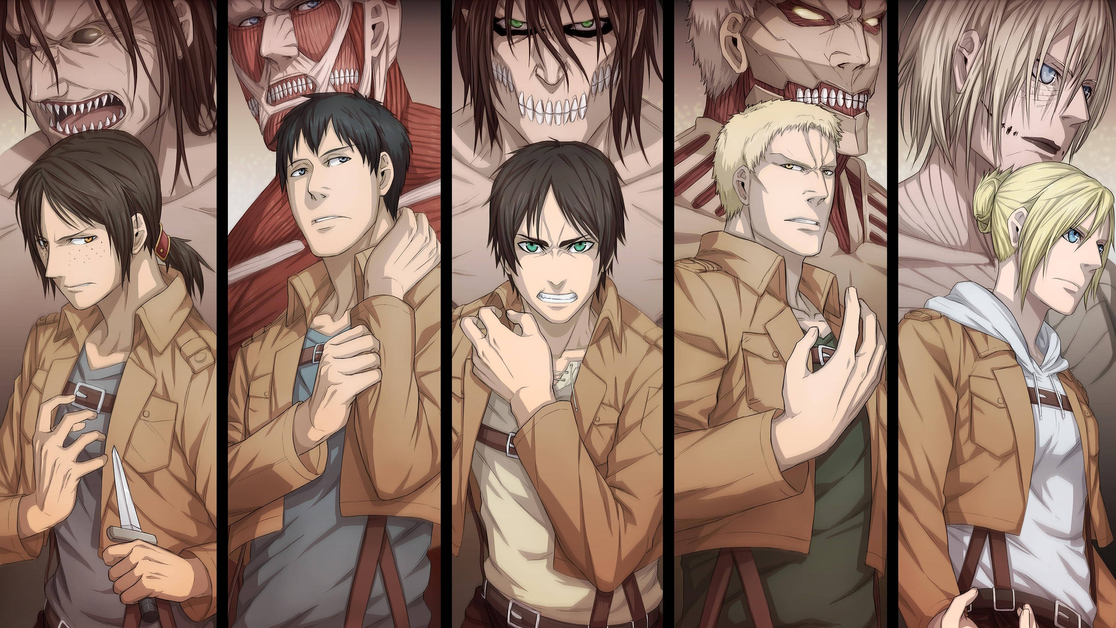 Reiner 桌布 壁紙 — 五個身穿棕色外套的動漫角色，以戲劇性的垂直面板佈局，站在他們怪物般的巨人形態前。