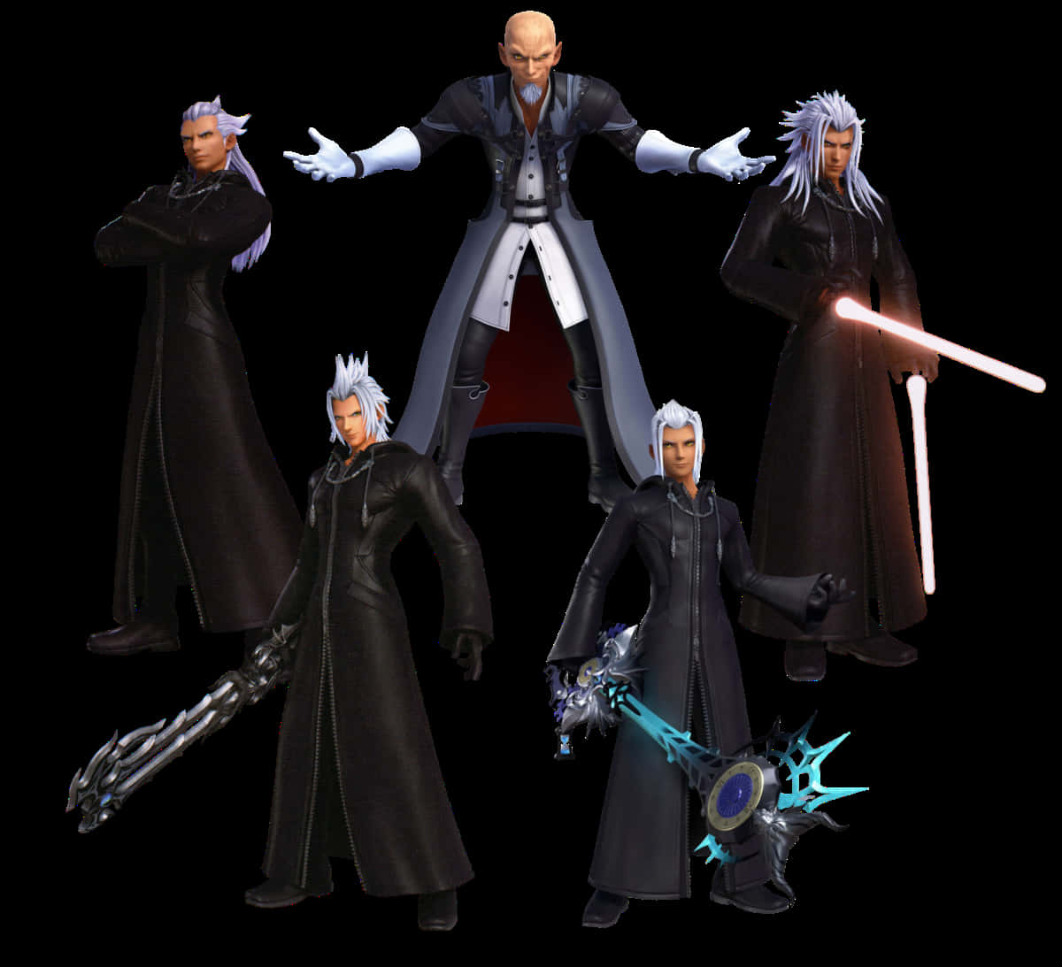Kingdom Hearts Xehanort 桌布 壁紙 — 五個身穿深色長袍、銀色頭髮的動漫角色在黑色背景下揮舞著發光的武器，擺出戲劇性的姿勢。