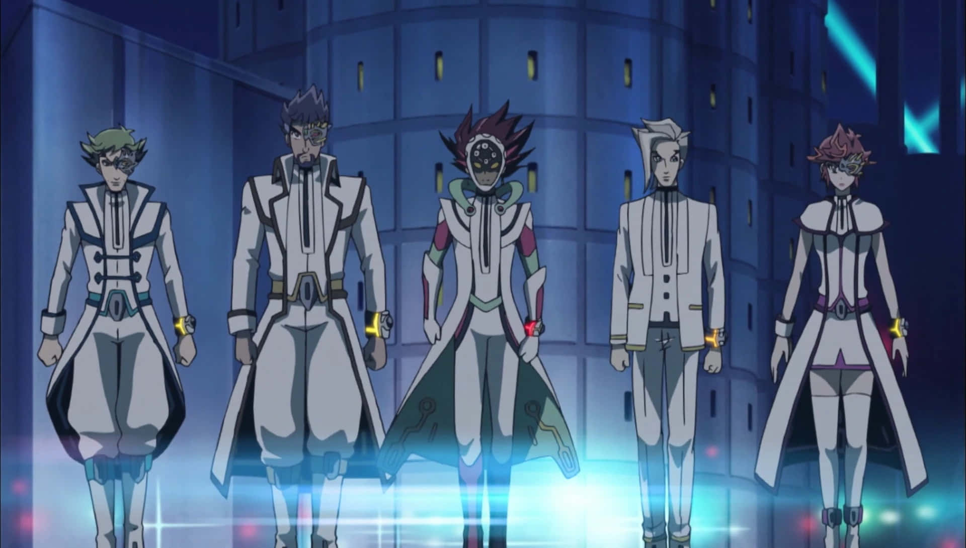 Ryoken Kogami 桌布 壁紙 — 五個身穿白色未來風格服裝的動漫角色，站在一個閃爍藍色霓虹燈光的城市環境中。