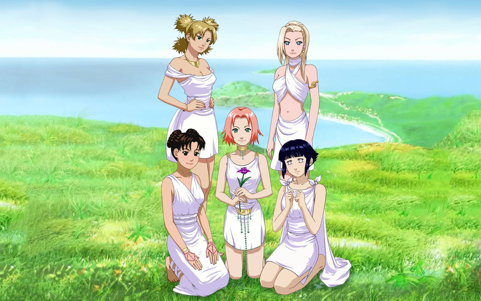 girls 桌布 壁紙 — 五個身穿白色長袍的動漫女孩在青草山坡上擺姿勢，俯瞰著海岸灣，天空湛藍清澈。